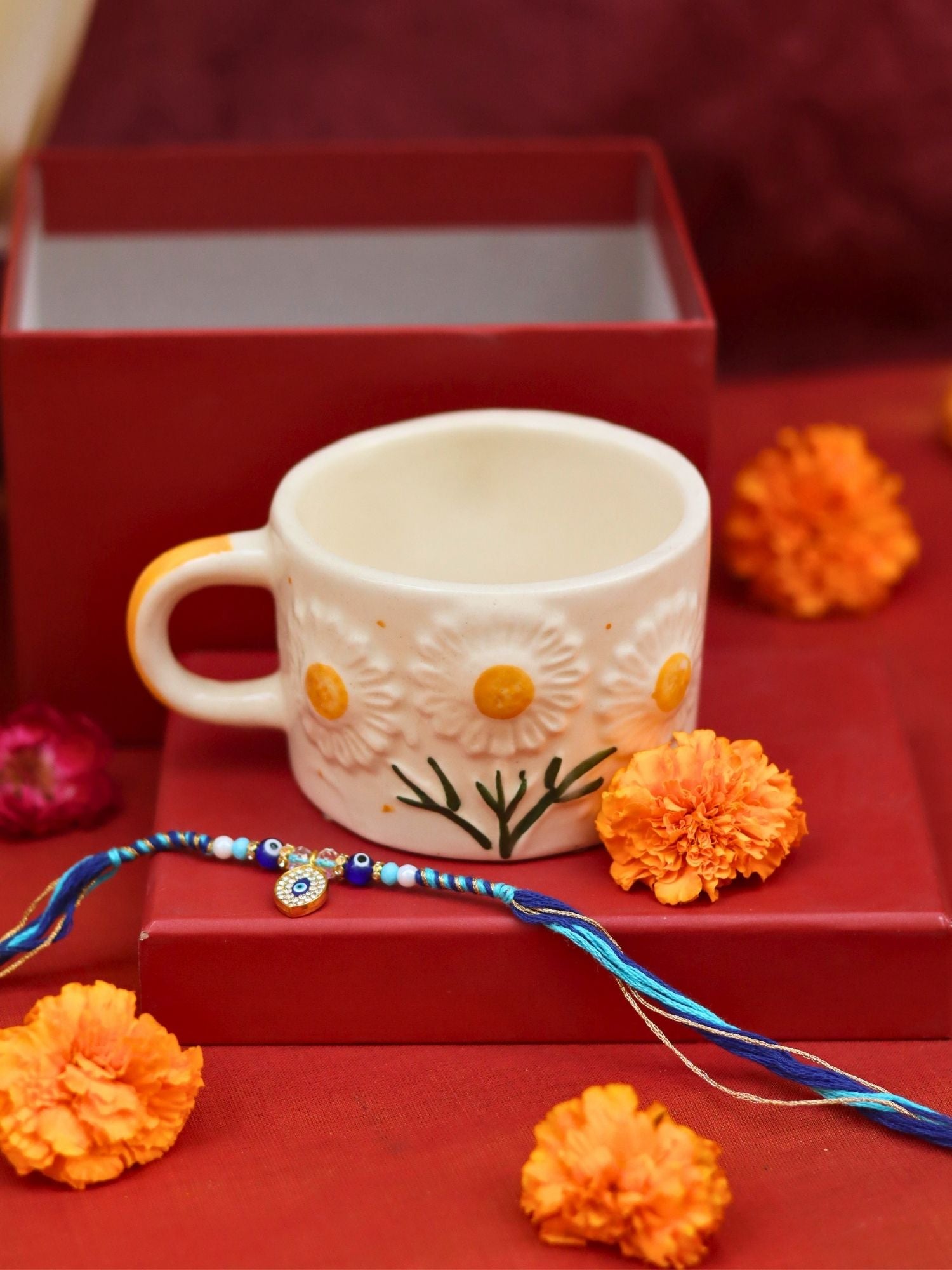 handmade Sunflower Bloom Mug in a Gift box with Rakhi