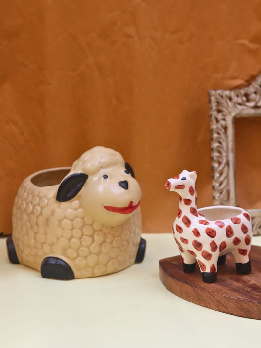 Handmade Set of 2 - Sheep & Hello Giraffe Planter combo