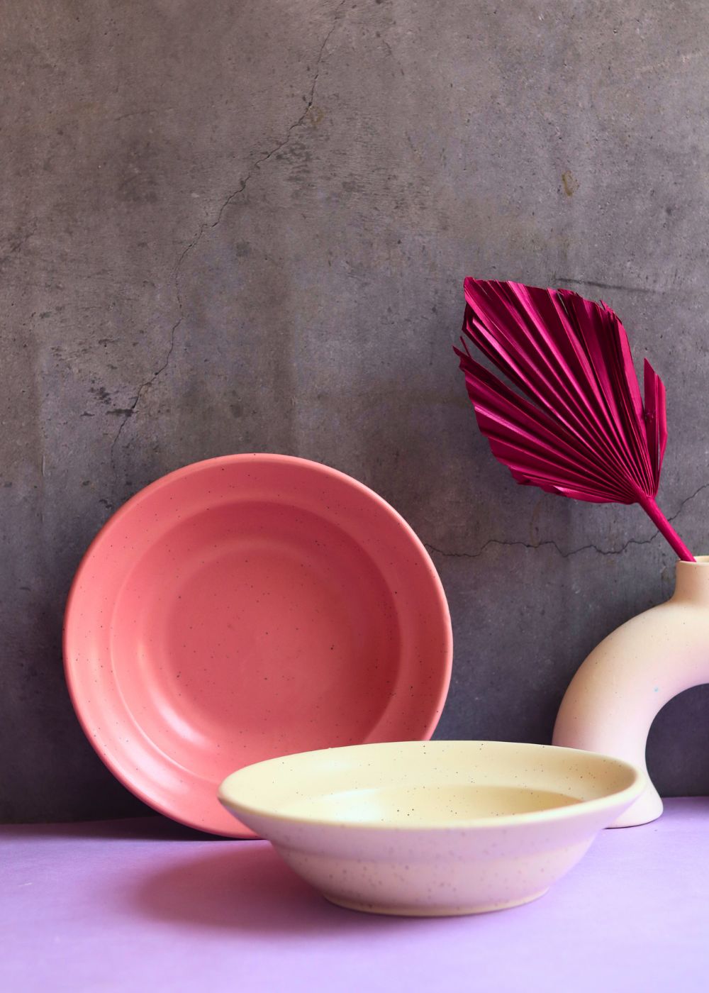 rosy pink & ivory pasta plates handmade in india 