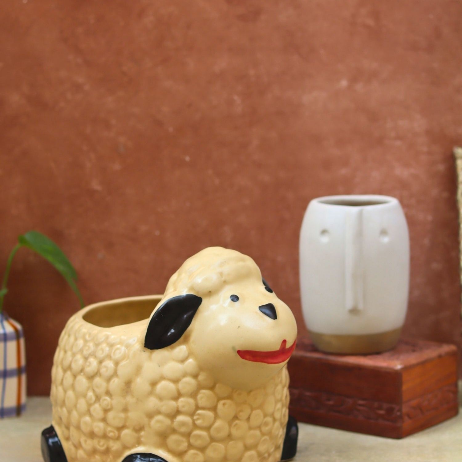 handmade Set of 2 - Sheep & Quirky face planter combo