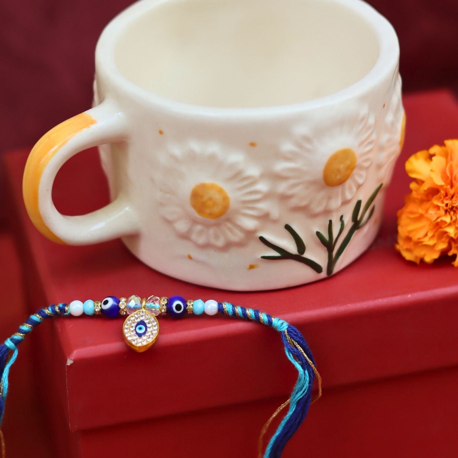 Sunflower Bloom Mug in a Gift box with Rakhi made by ceramic