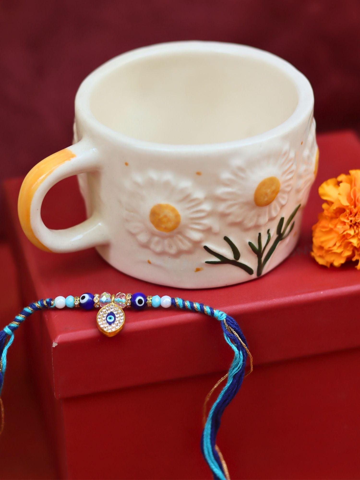Sunflower Bloom Mug in a Gift box with Rakhi made by ceramic