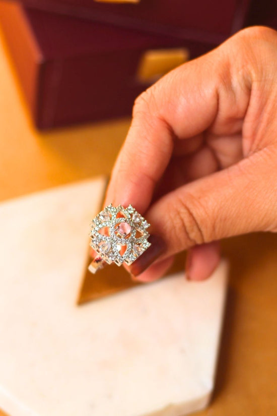 Waterproof Luxurious White American Diamond Adjustable Ring