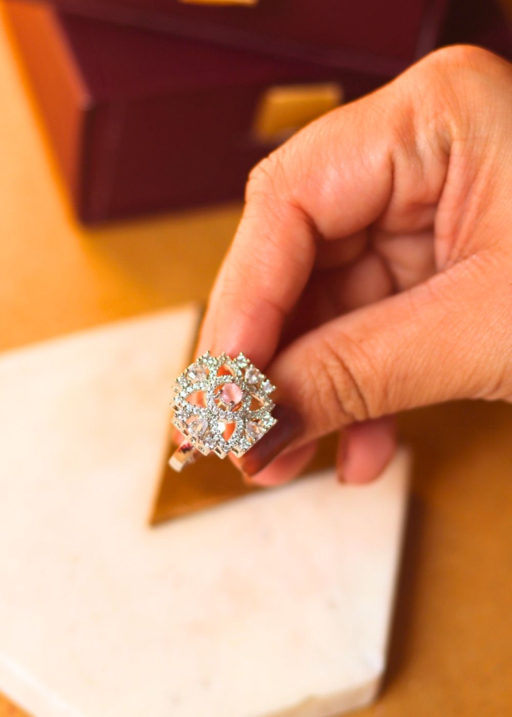 Waterproof Luxurious White American Diamond Adjustable Ring