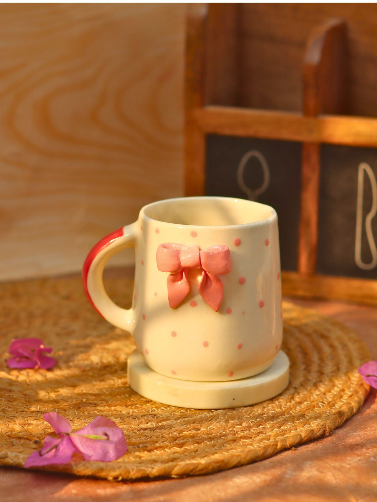 Bow Embrossed Mug - Pink handmade in India