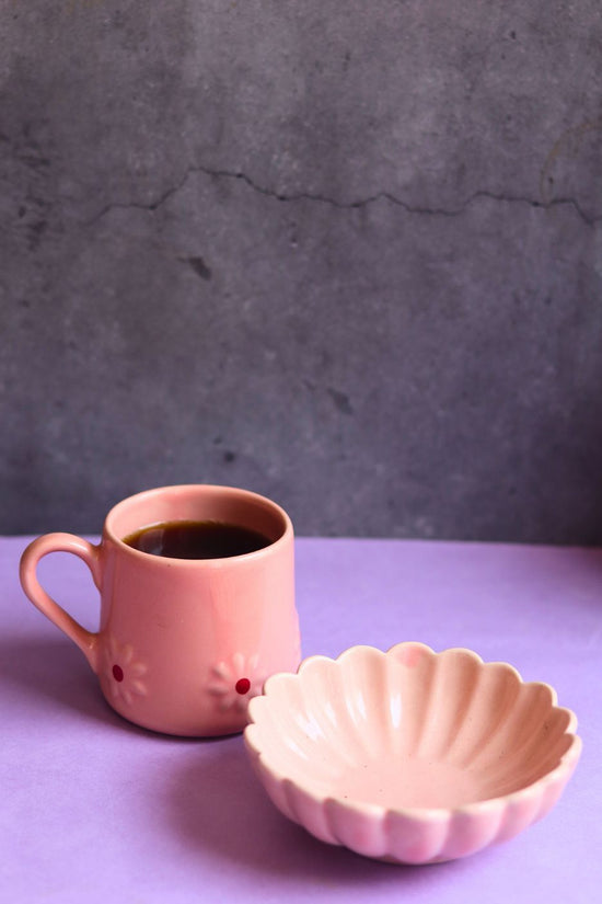 pink lily mug & ice cream bowl set made by ceramic 