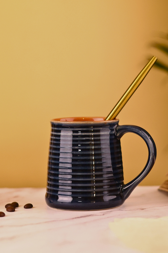 Glossy indigo coffee mug with spoon 