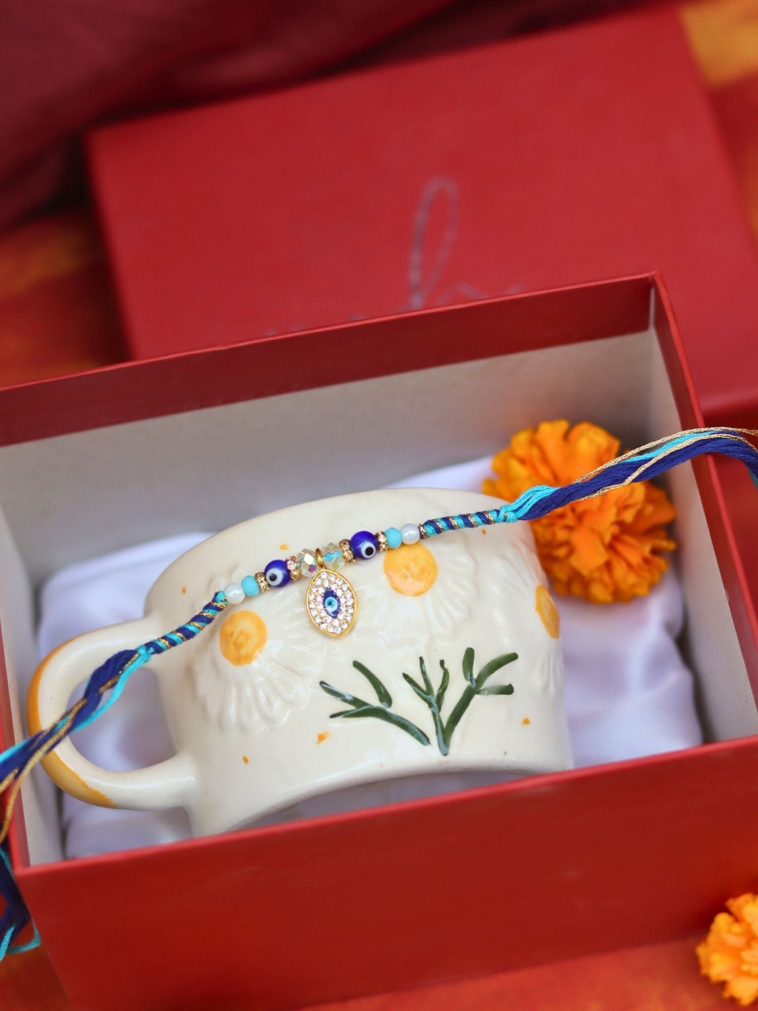 Sunflower Bloom Mug in a Gift box with Rakhi handmade in india