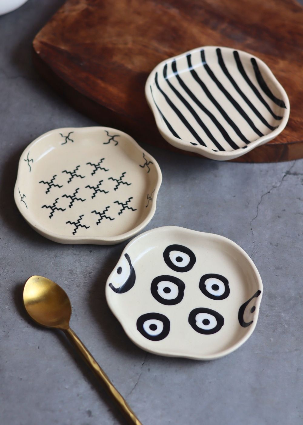 Handmade Set of 3 Black & White Dessert Plates