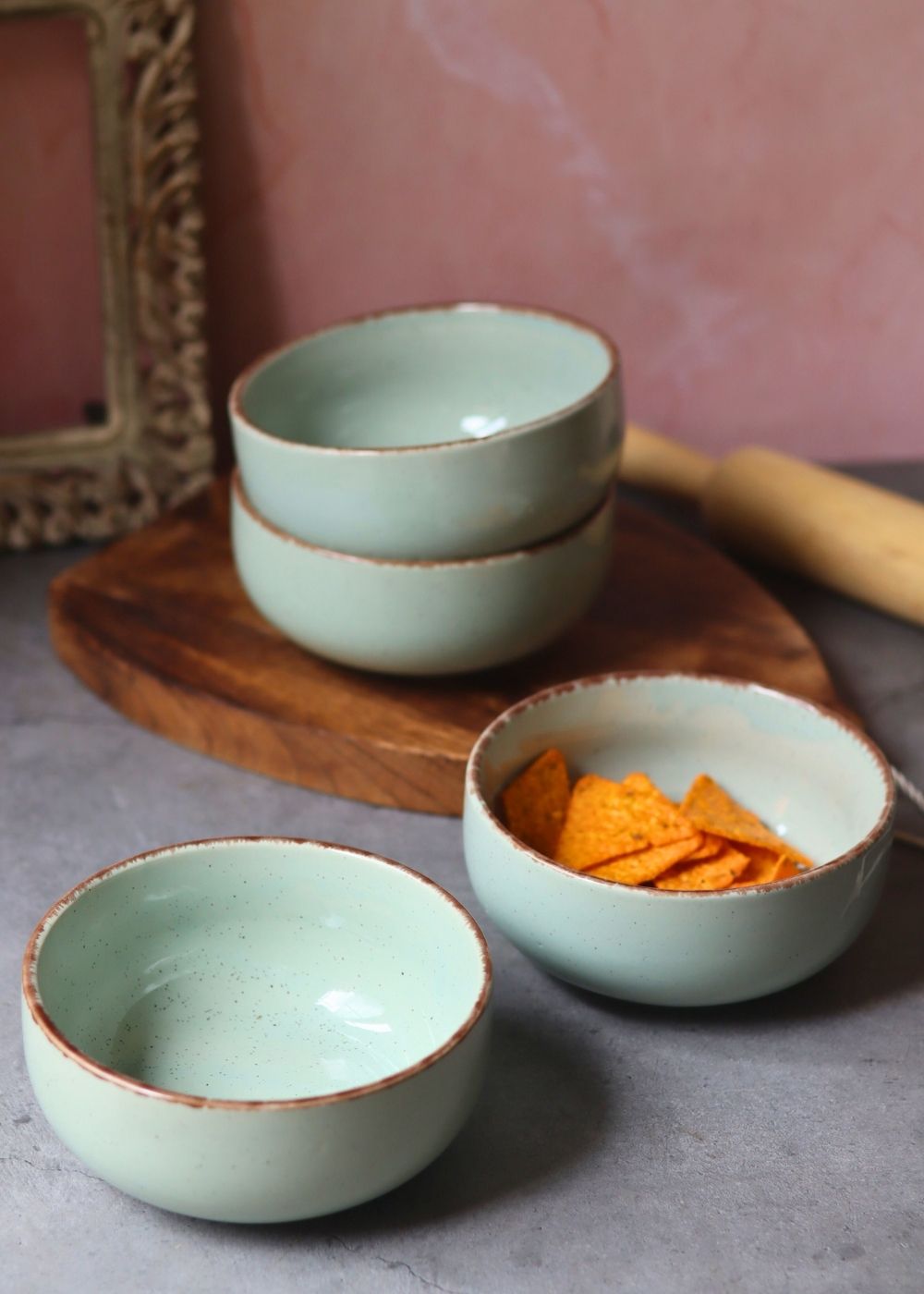 Handmade Mint Green Ceramic Bowl - Set of 4