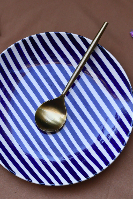 Handmade ceramic thin stripes plate with spoon