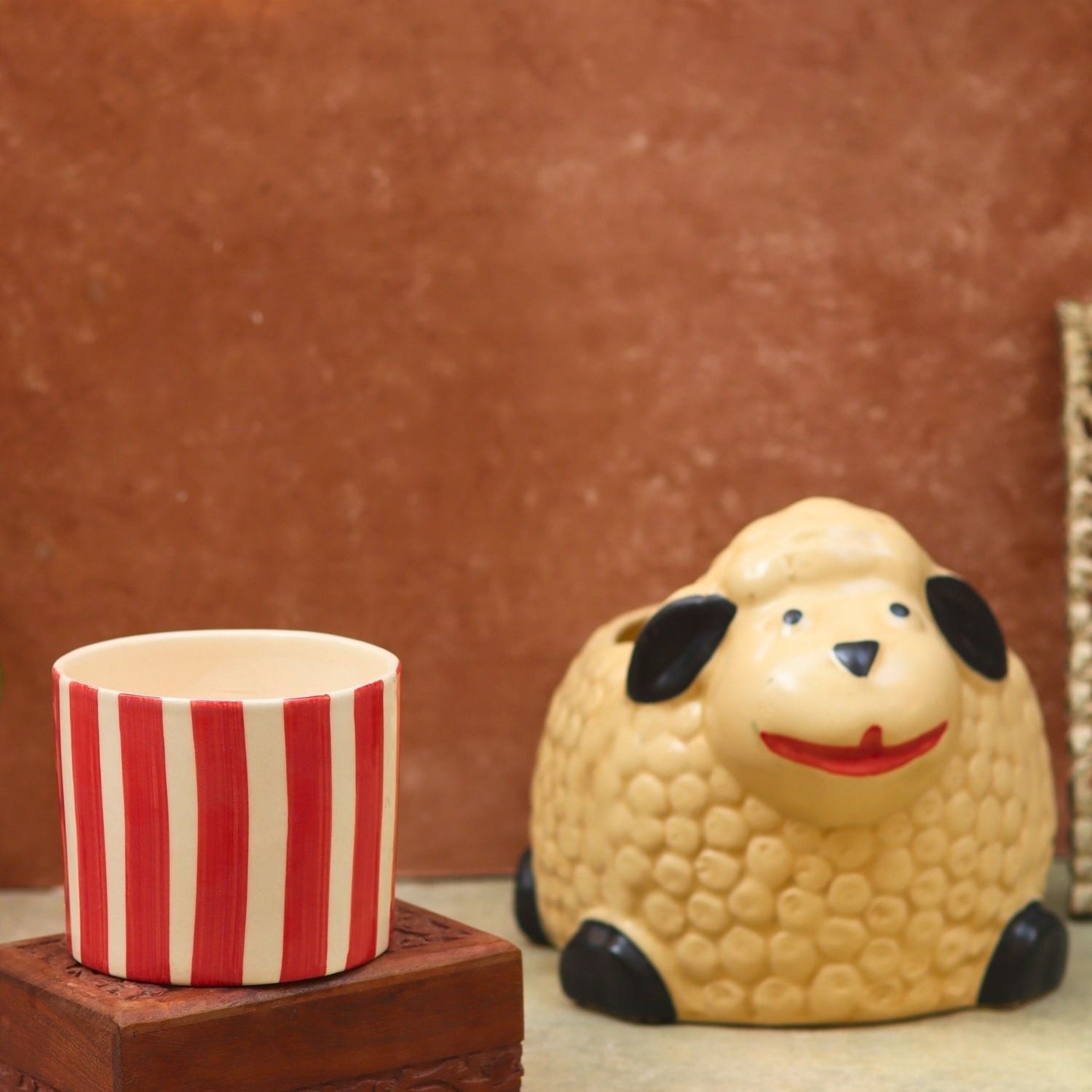 Handmade Set of 2 - Sheep & Red striped planter combo