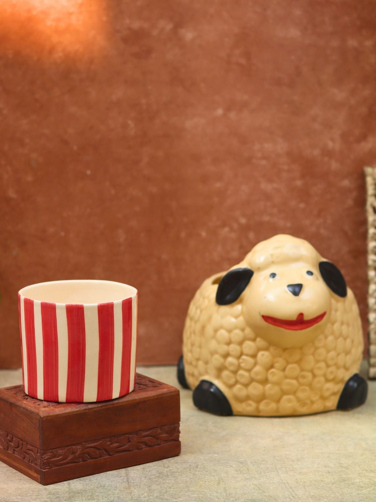 Handmade Set of 2 - Sheep & Red striped planter combo