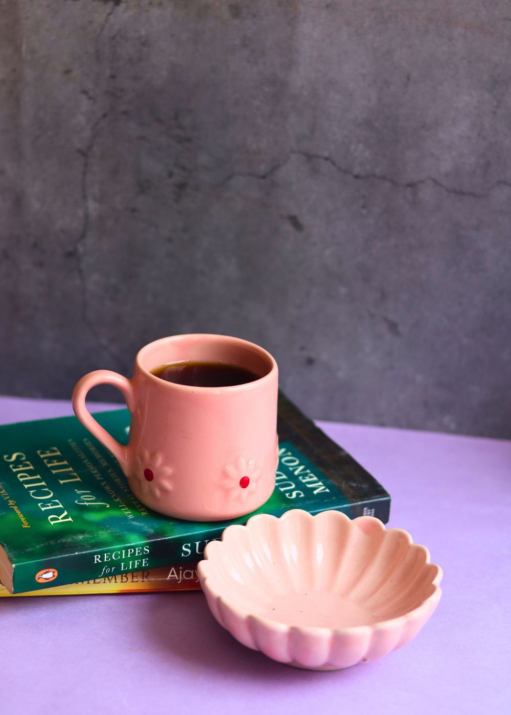 pink lily mug & ice cream bowl set handmade in india 