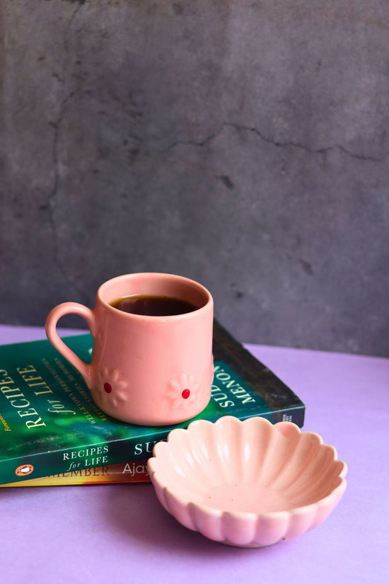 pink lily mug & ice cream bowl set handmade in india 