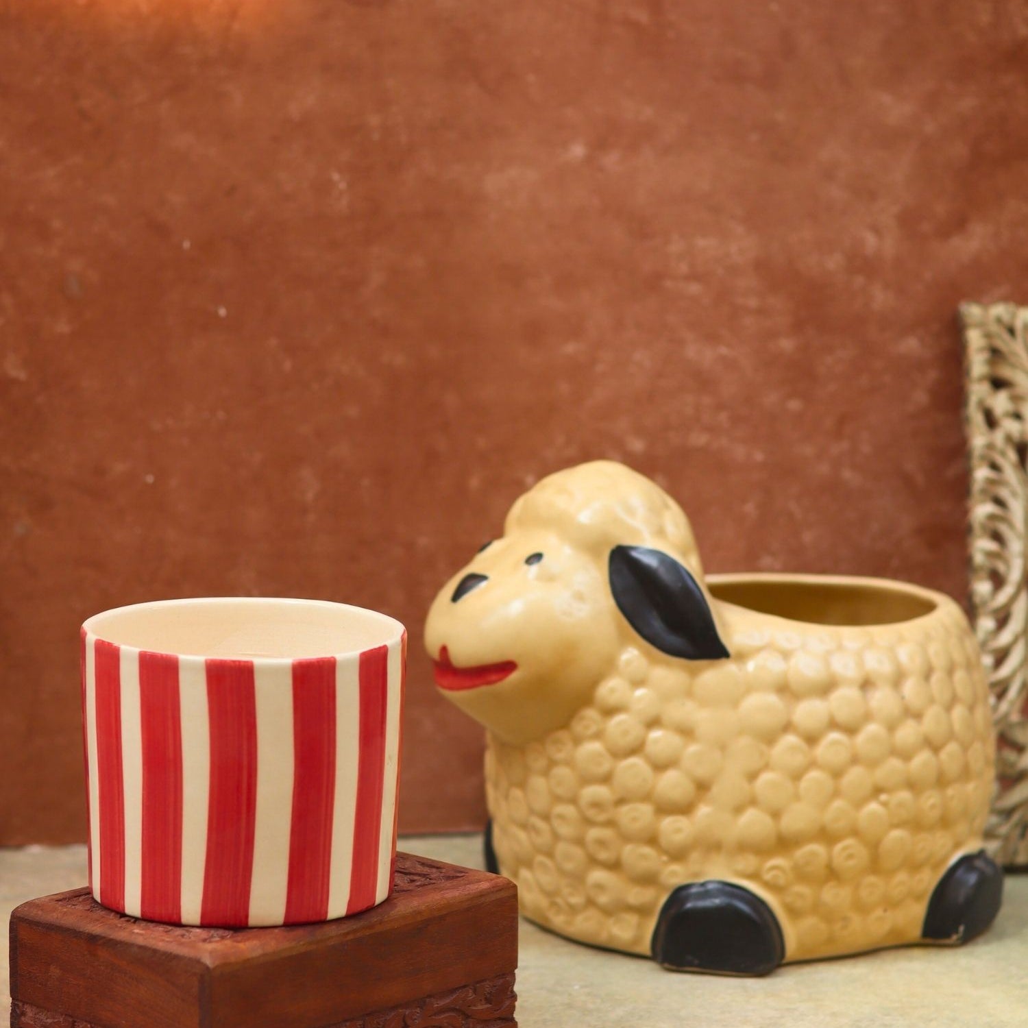 Set of 2 - Sheep & Red striped planter combo made by ceramic