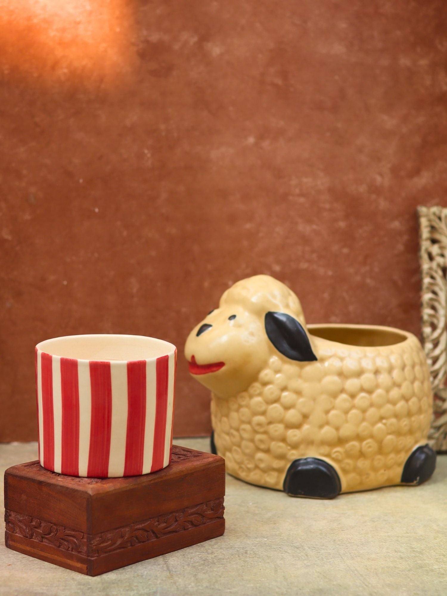 Set of 2 - Sheep & Red striped planter combo made by ceramic