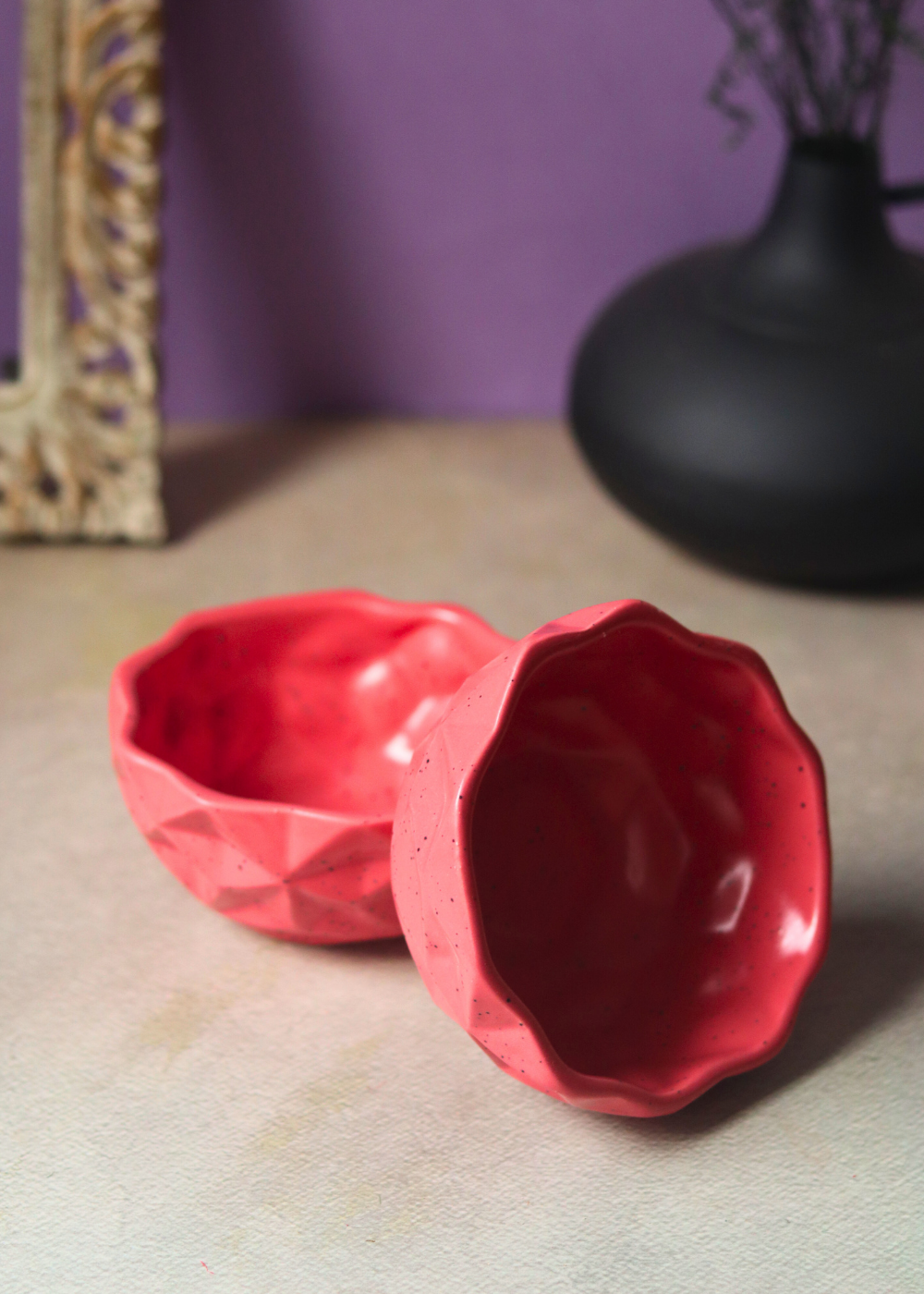 Two red diamond handmade bowls