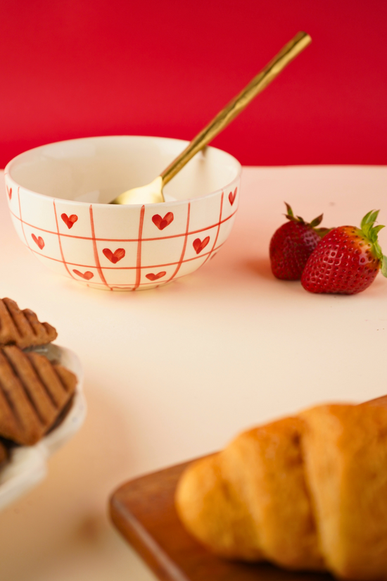 red chequered heart bowl handmade in india 
