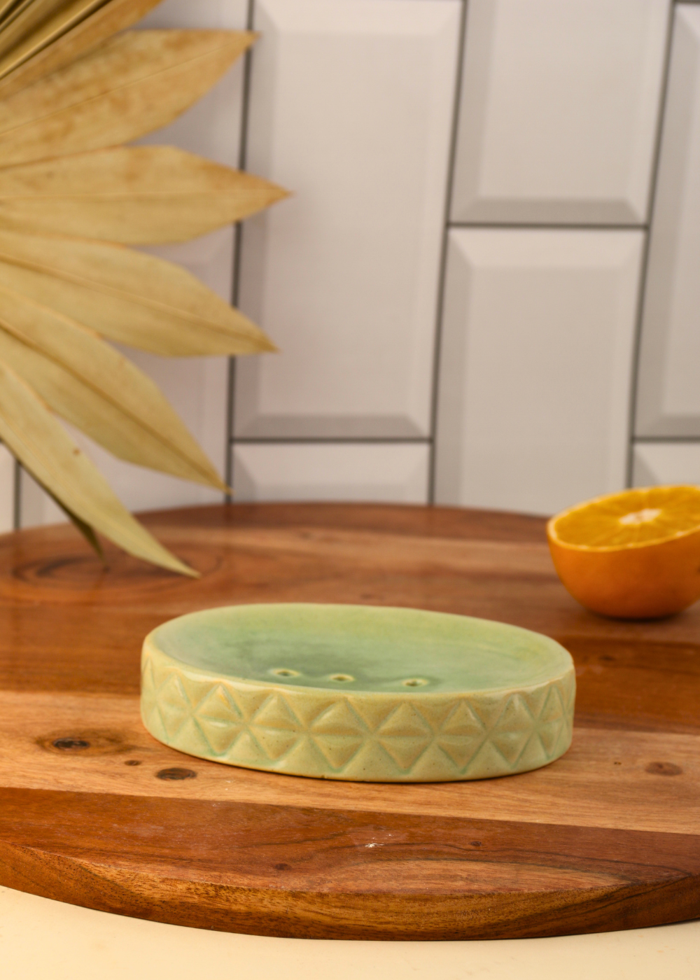 Soap dish on wooden surface 