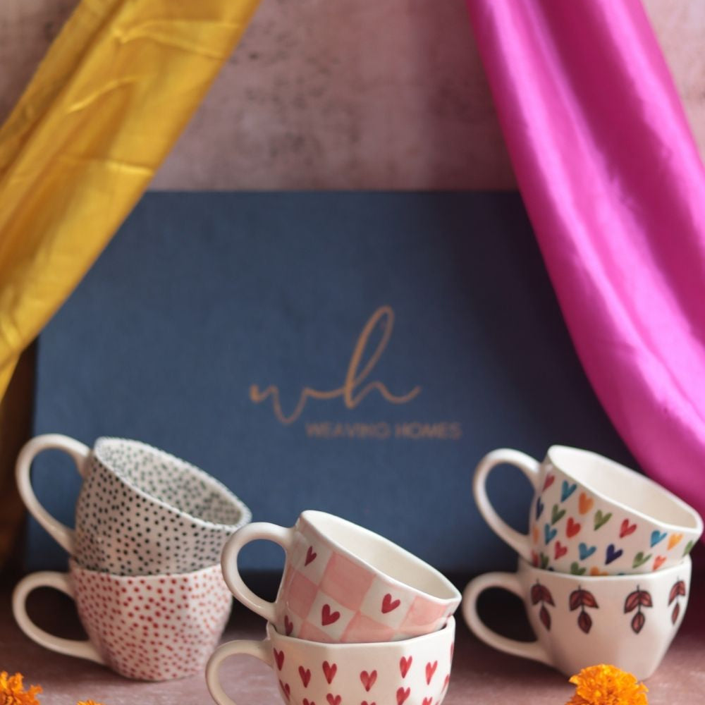 Set of 6 Heart & Polka Artful Mugs (for the price of 5) Diwali Gift Box made by ceramic