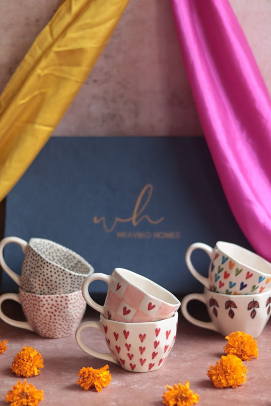 Set of 6 Heart & Polka Artful Mugs (for the price of 5) Diwali Gift Box made by ceramic