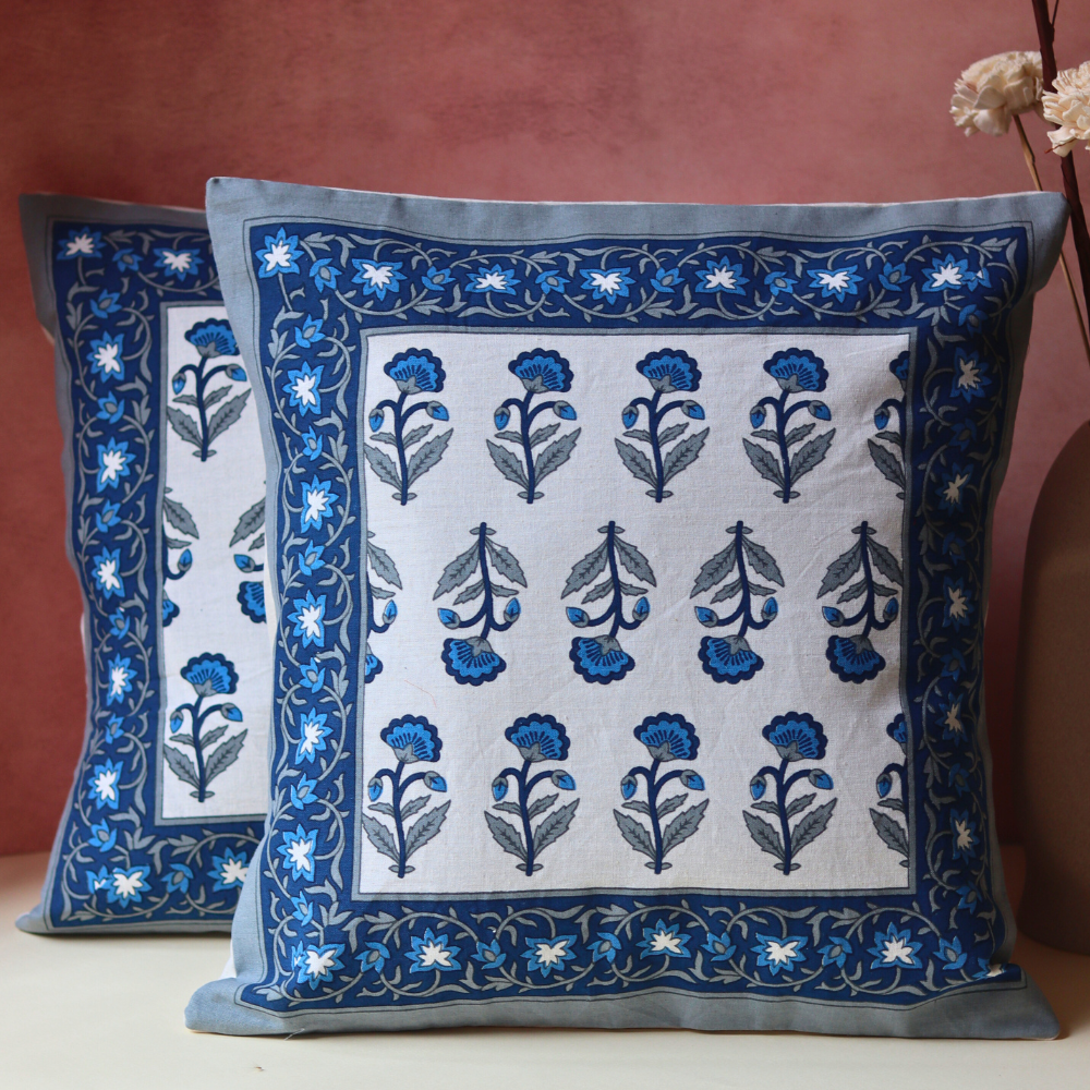 Cobalt blue block printed cushion cover 