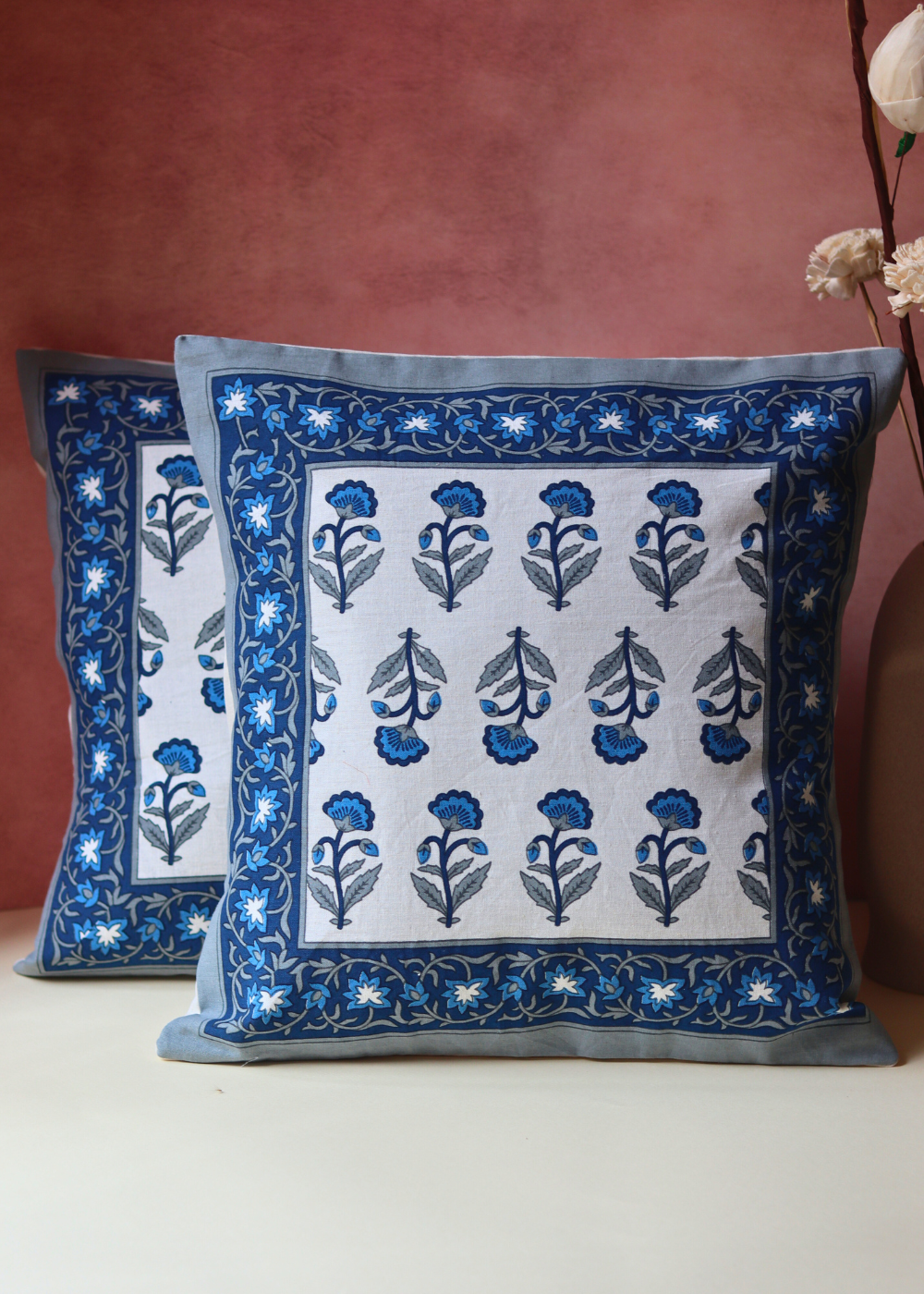 Cobalt blue block printed cushion cover 