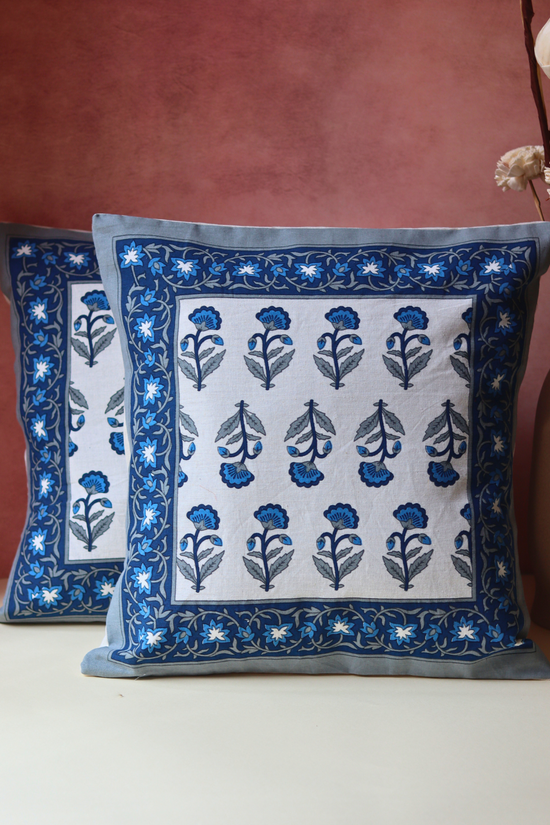 Cobalt blue block printed cushion cover 