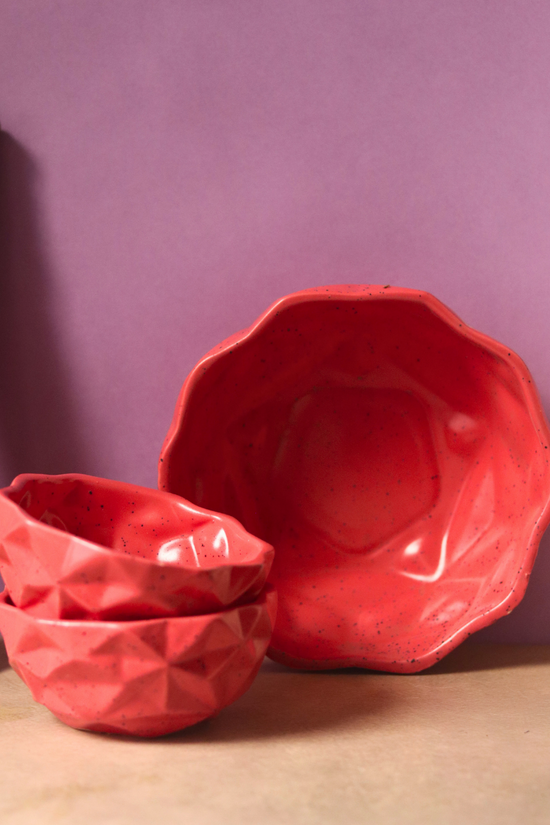 Handmade ceramic breakfast set red diamond