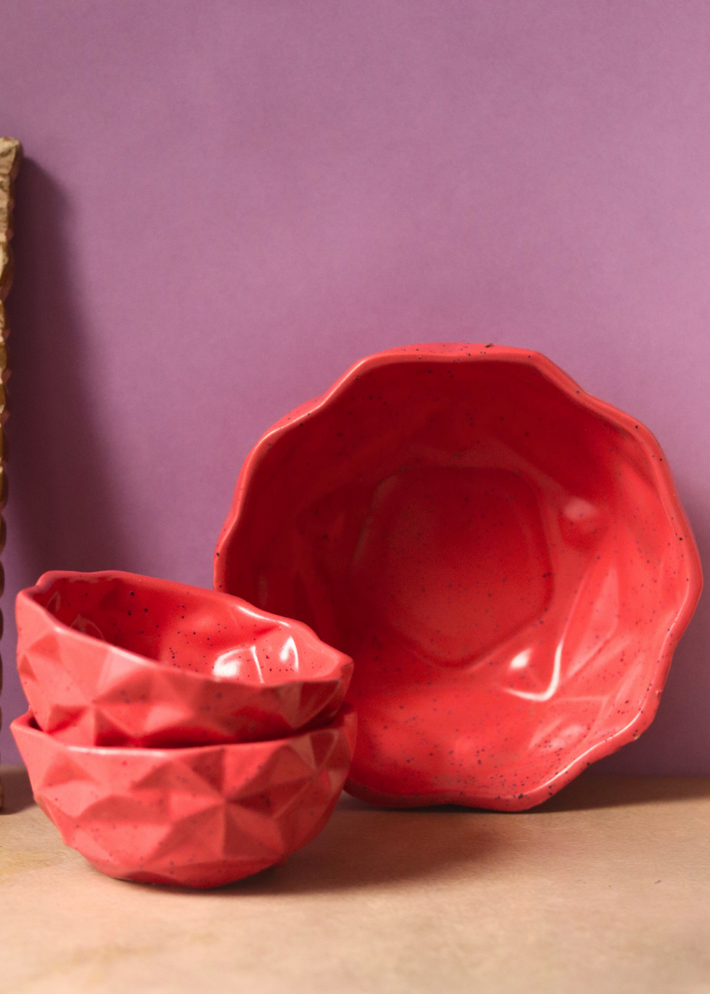 Handmade ceramic breakfast set red diamond