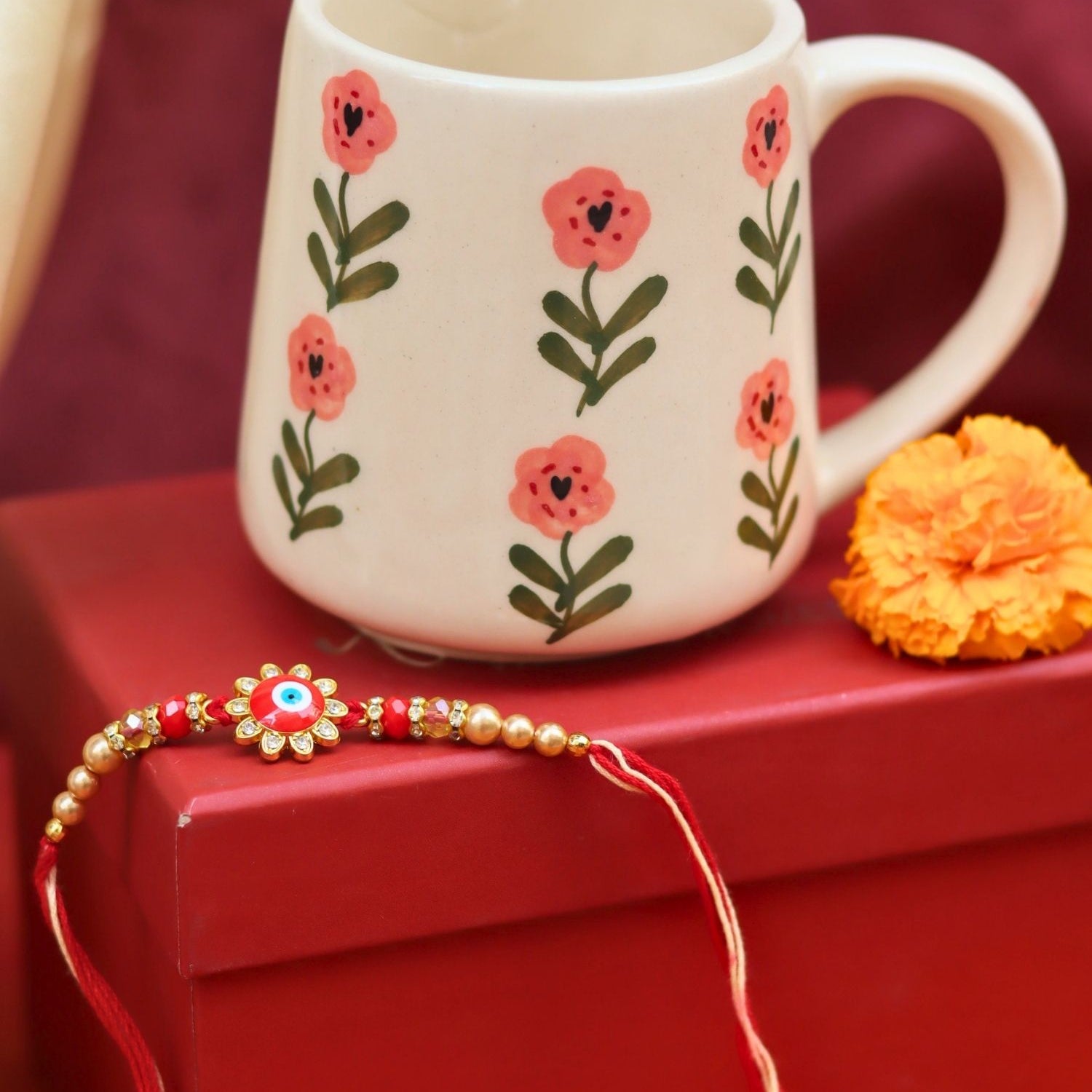 handmade Poppy Flower Mug rakhi Gift Box