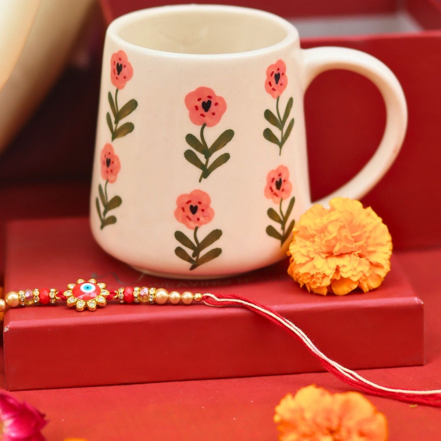 Poppy Flower Mug rakhi Gift Box made by ceramic