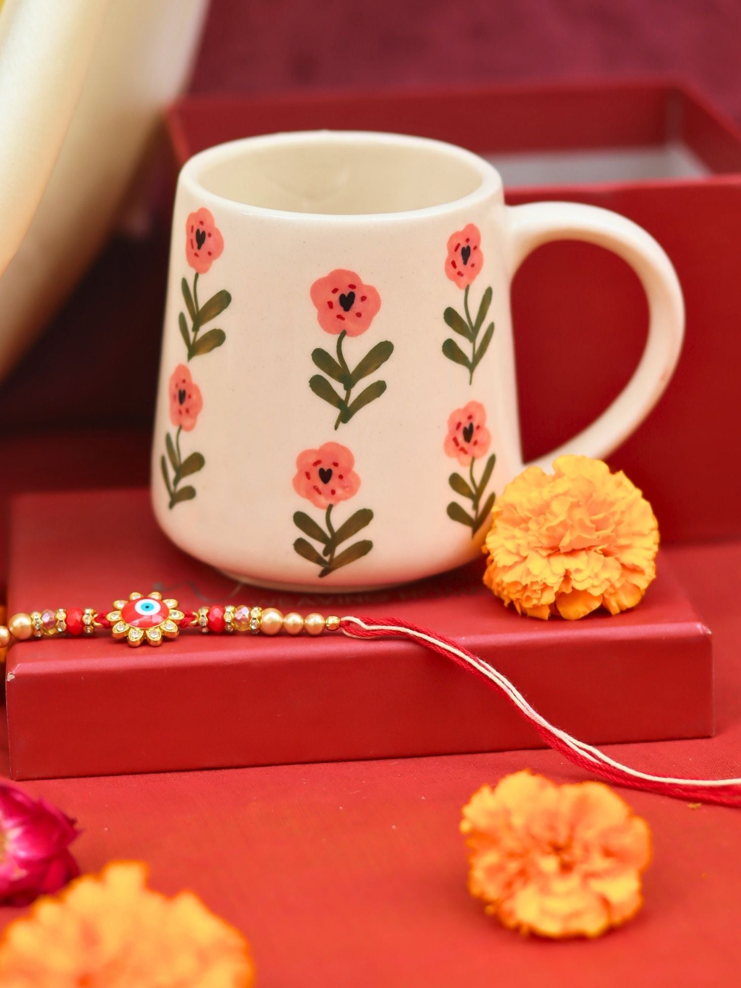 Poppy Flower Mug rakhi Gift Box made by ceramic