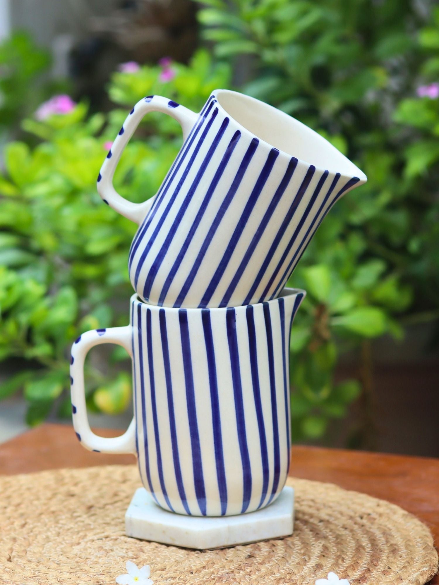 Blue striped jug handmade in India