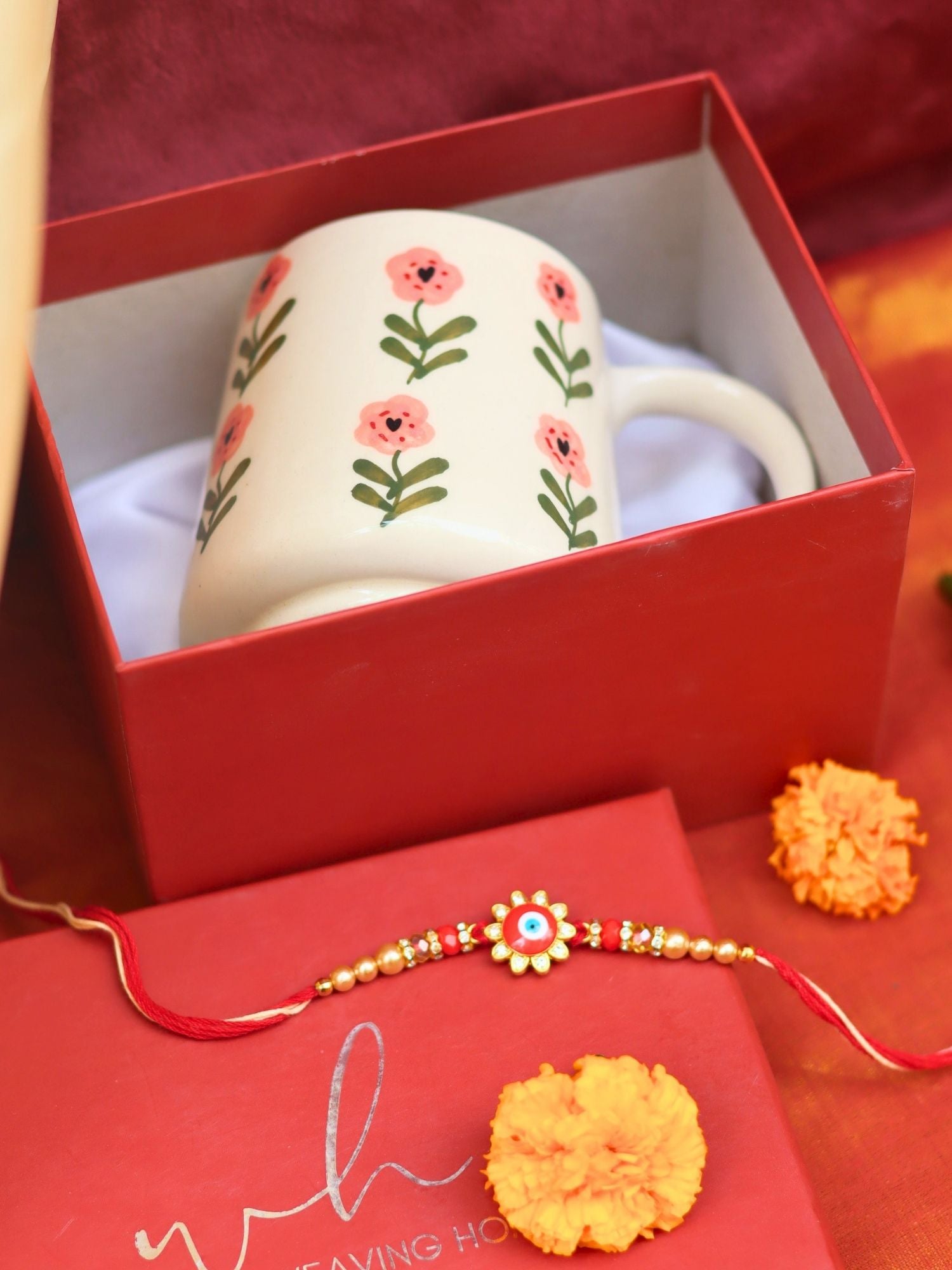 Poppy Flower Mug rakhi Gift Box handmade in India