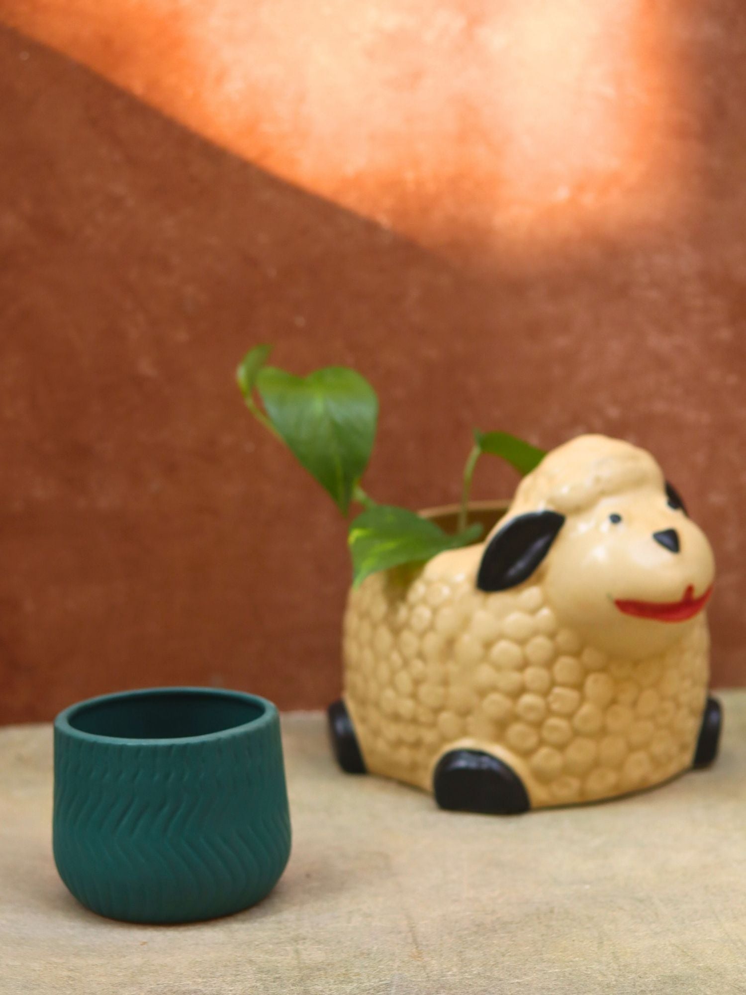 Set of 2 - Sheep & Essential Teal Planter combo handmade in India