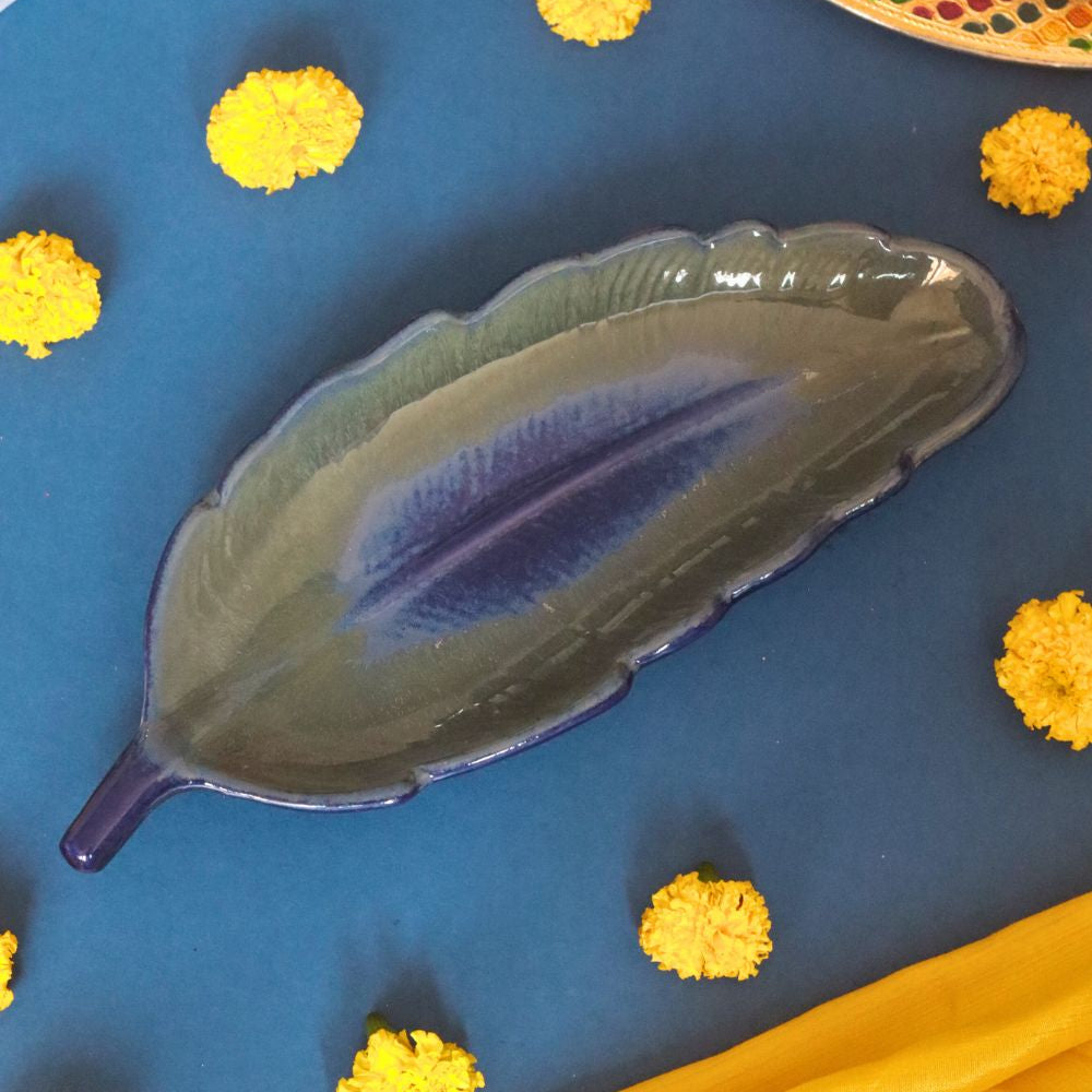 Royal Blue Leaf Platter made by ceramic