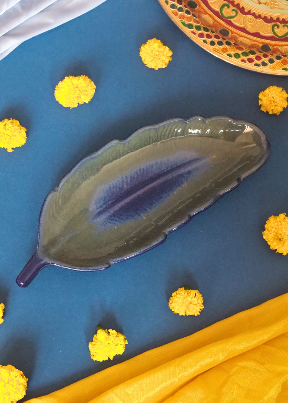 Royal Blue Leaf Platter made by ceramic