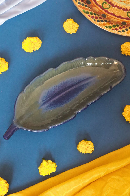 Royal Blue Leaf Platter made by ceramic