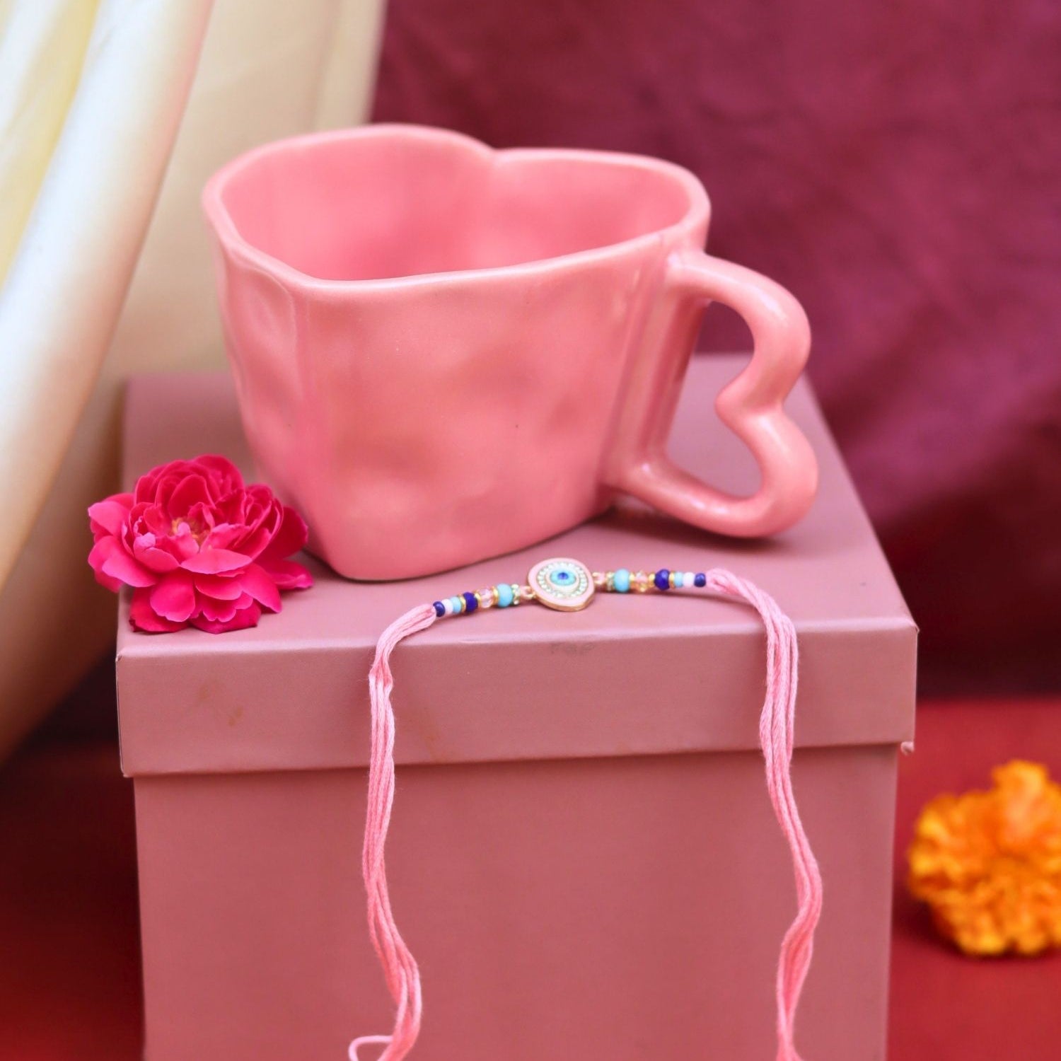 Handmade Dusty Pink Heart Mug Rakhi Gift Box