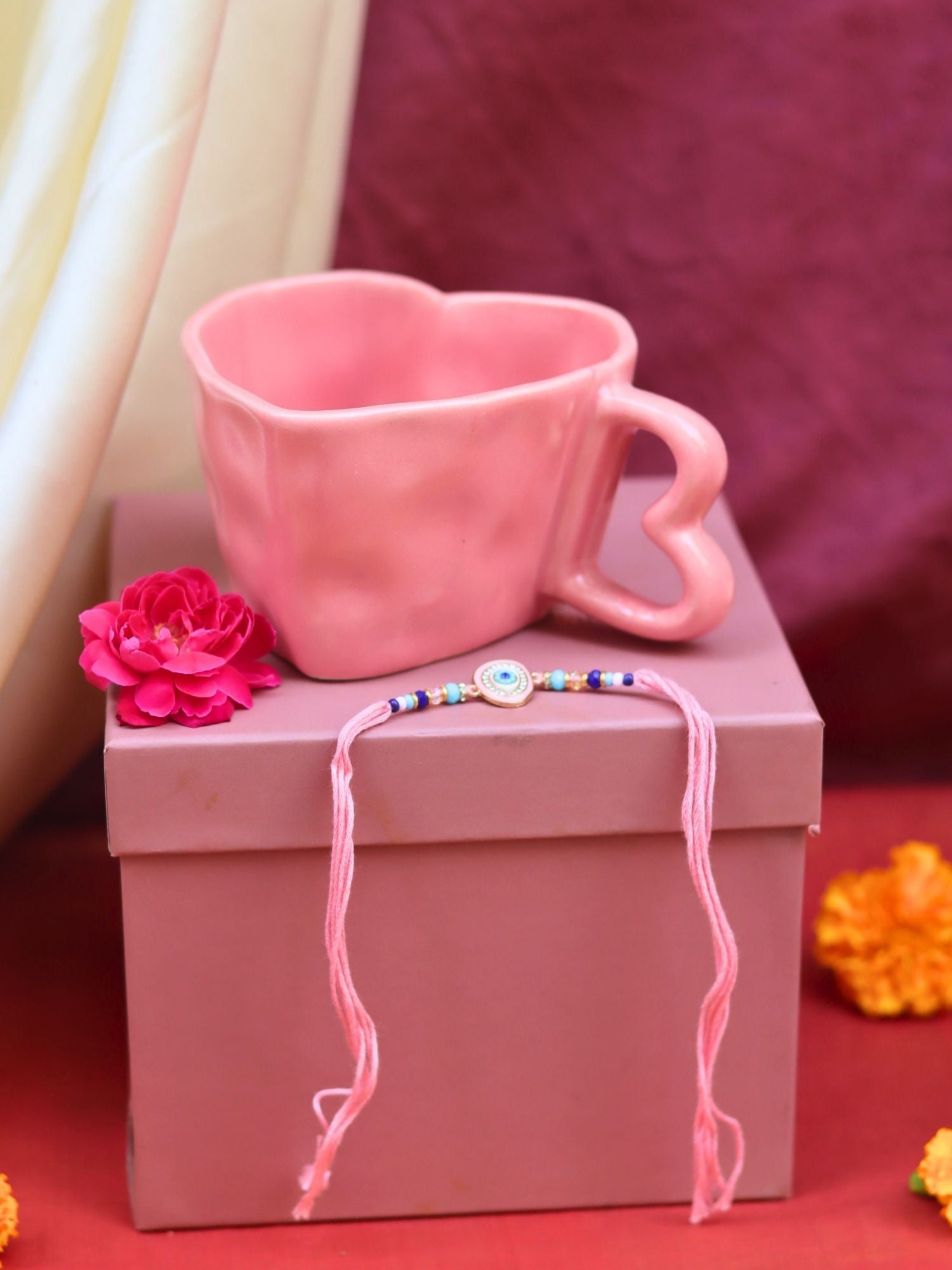 Handmade Dusty Pink Heart Mug Rakhi Gift Box