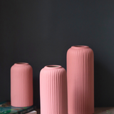 Set of three vases pink ribbed