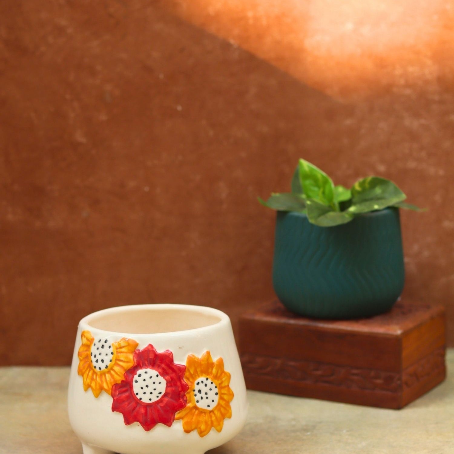 Handmade Set of 2 - Floral Bliss & Essential teal planter combo