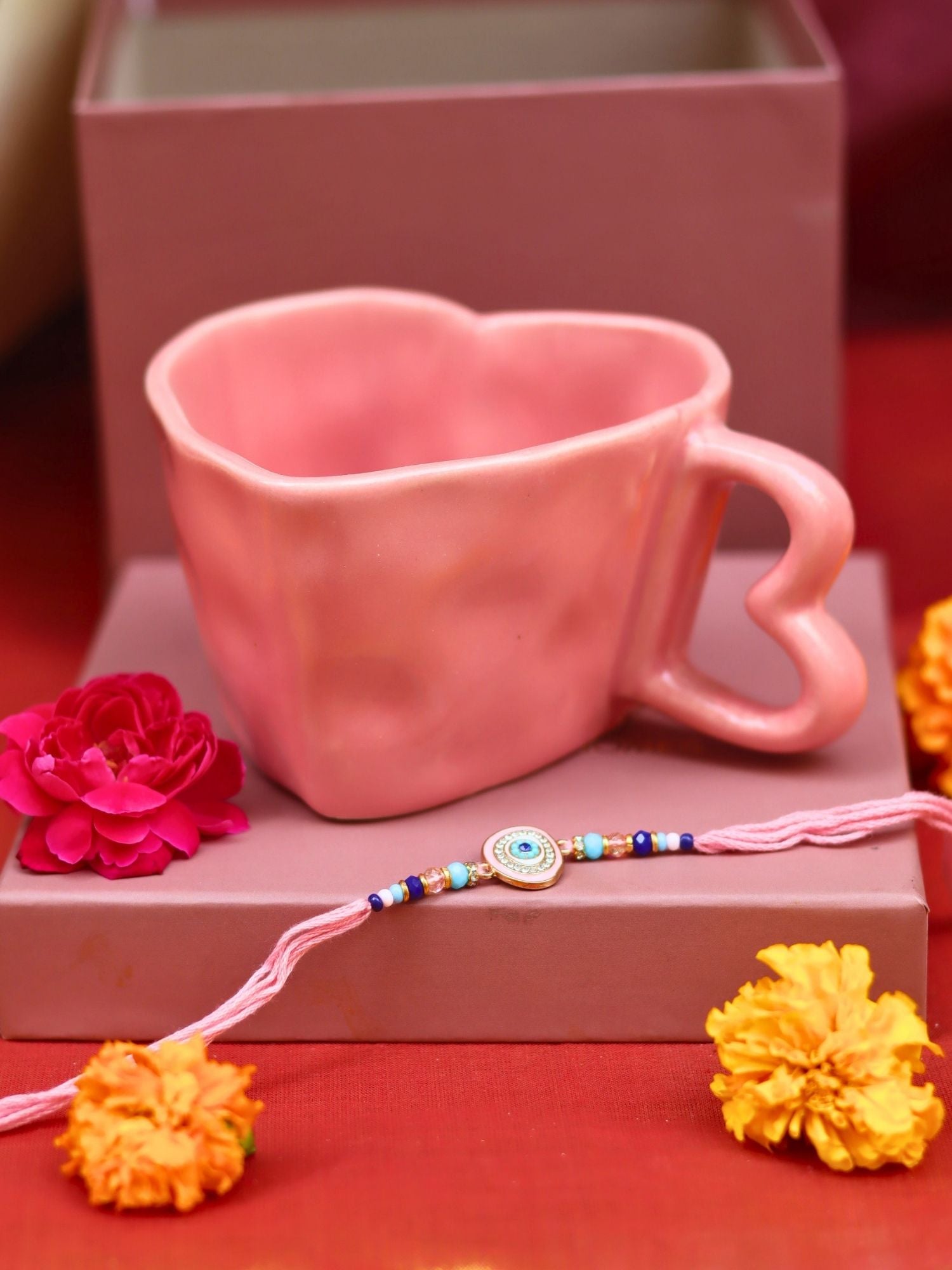 Dusty Pink Heart Mug Rakhi Gift Box with premium quality material