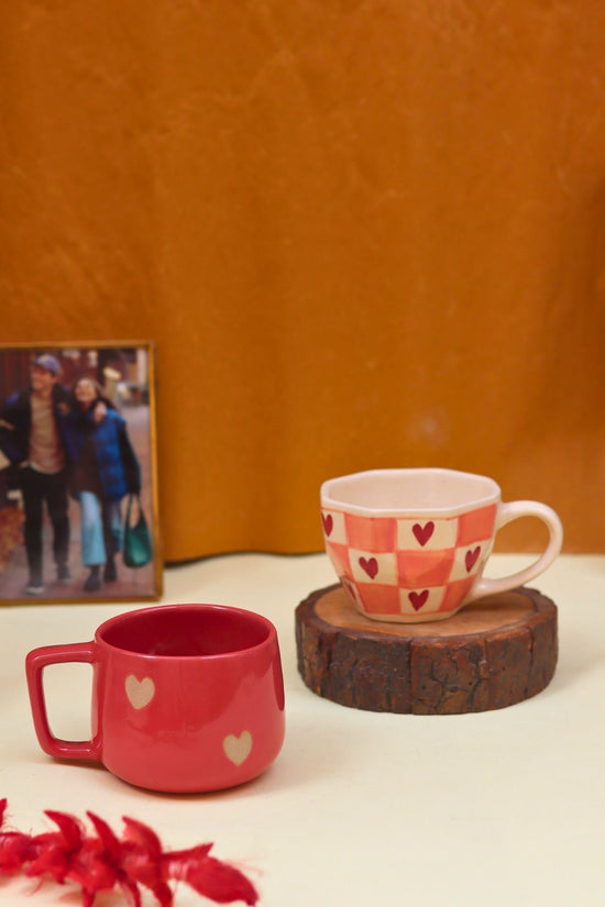 Set of 2 - Heart-throb & Chequered heart mug combo handmade in India