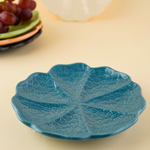 blue cabbage snack plate with cabbage leaf design