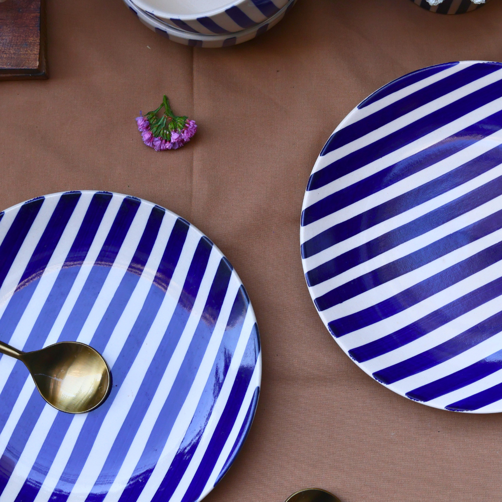 Handmade ceramic blue thick stripes plates