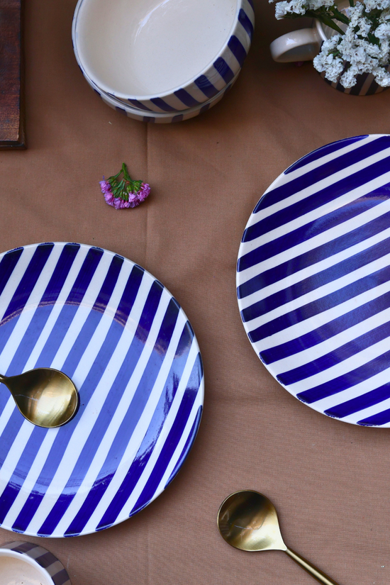 Handmade ceramic blue thick stripes plates