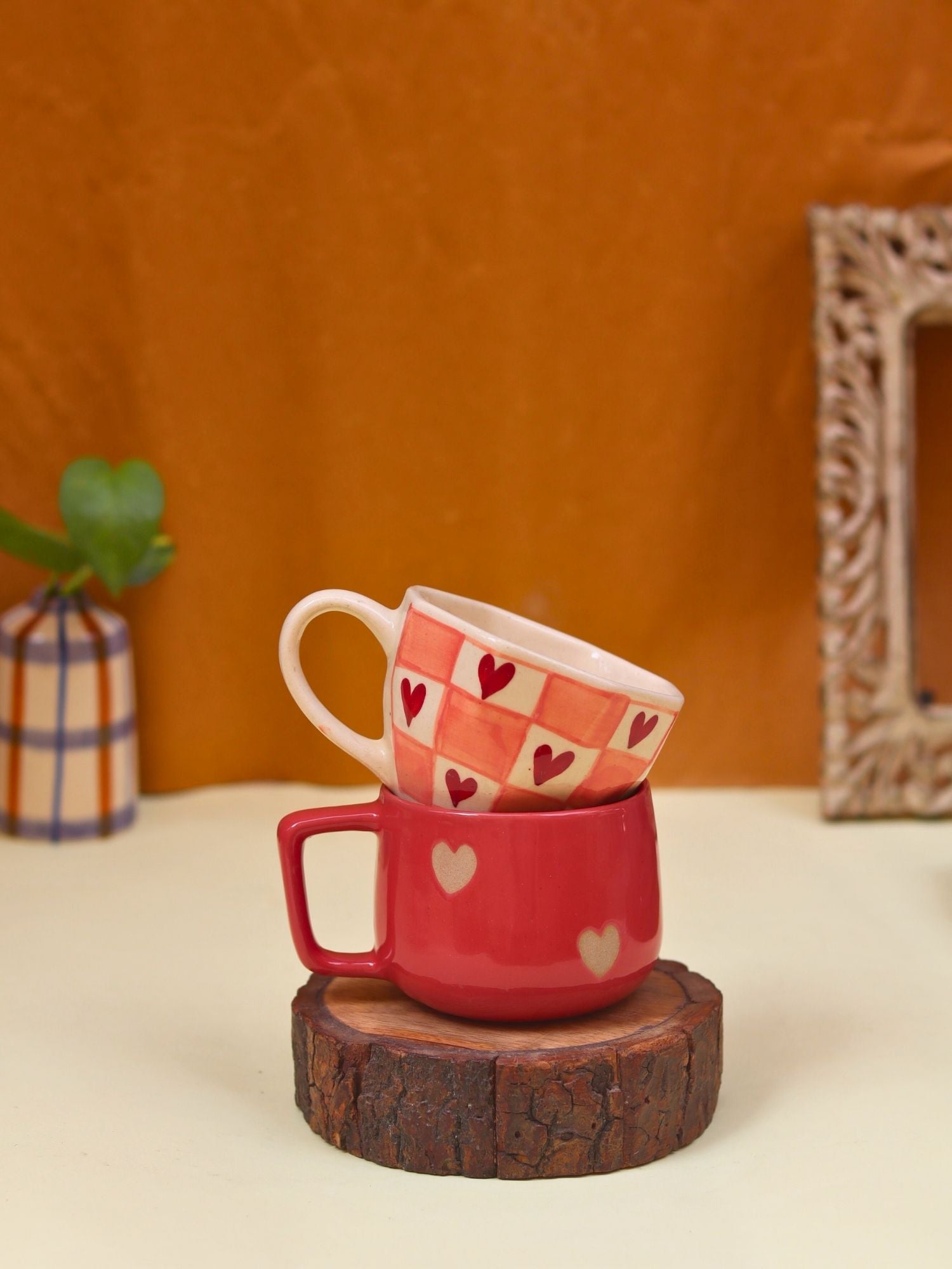 handmade Set of 2 - Heart-throb & Chequered heart mug combo